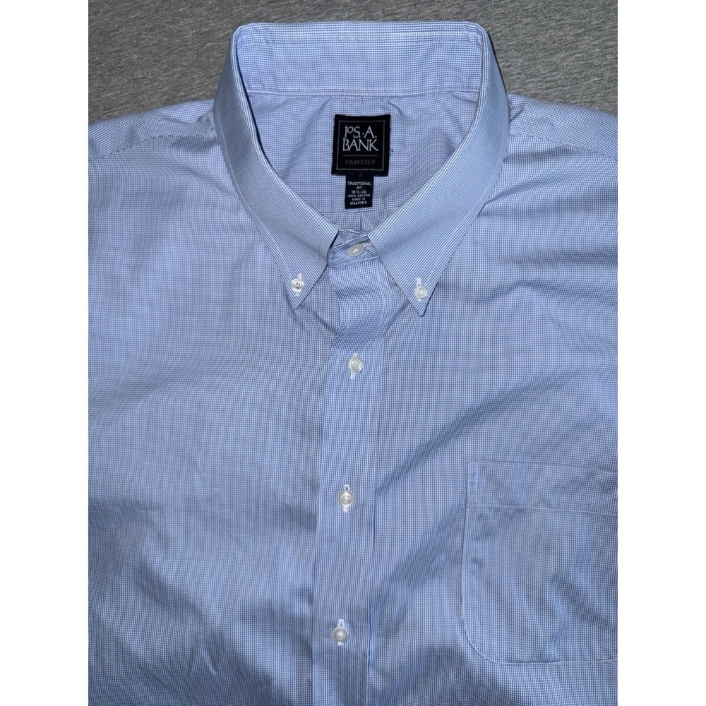 Jos A Bank Mens Blue Dress Shirt Size 18.5 34 Micro Houndstooth Traditional Fit
